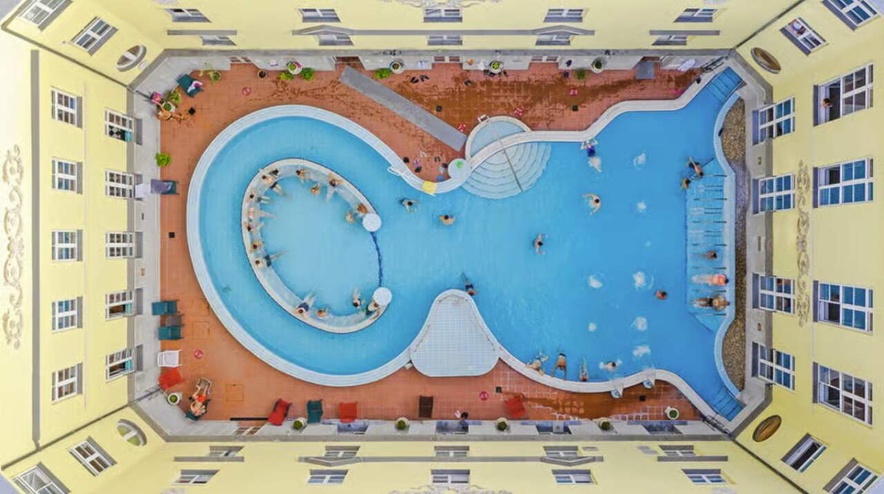 Aerial view of St. Lukács Thermal Bath in Budapest, one of the free thermal baths included with the Budapest Card.