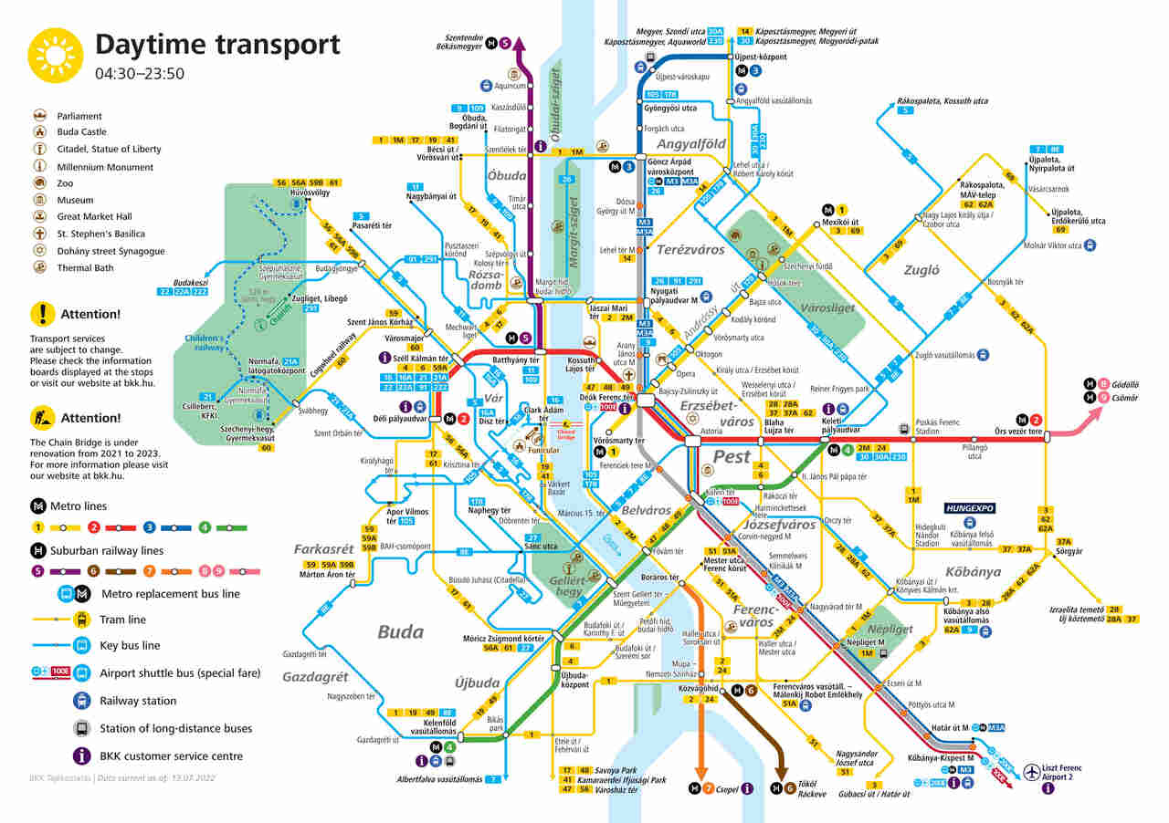 Budapest daytime public transport map showing metro, tram, bus and HÉV lines operating from 04:30 to 23:50.