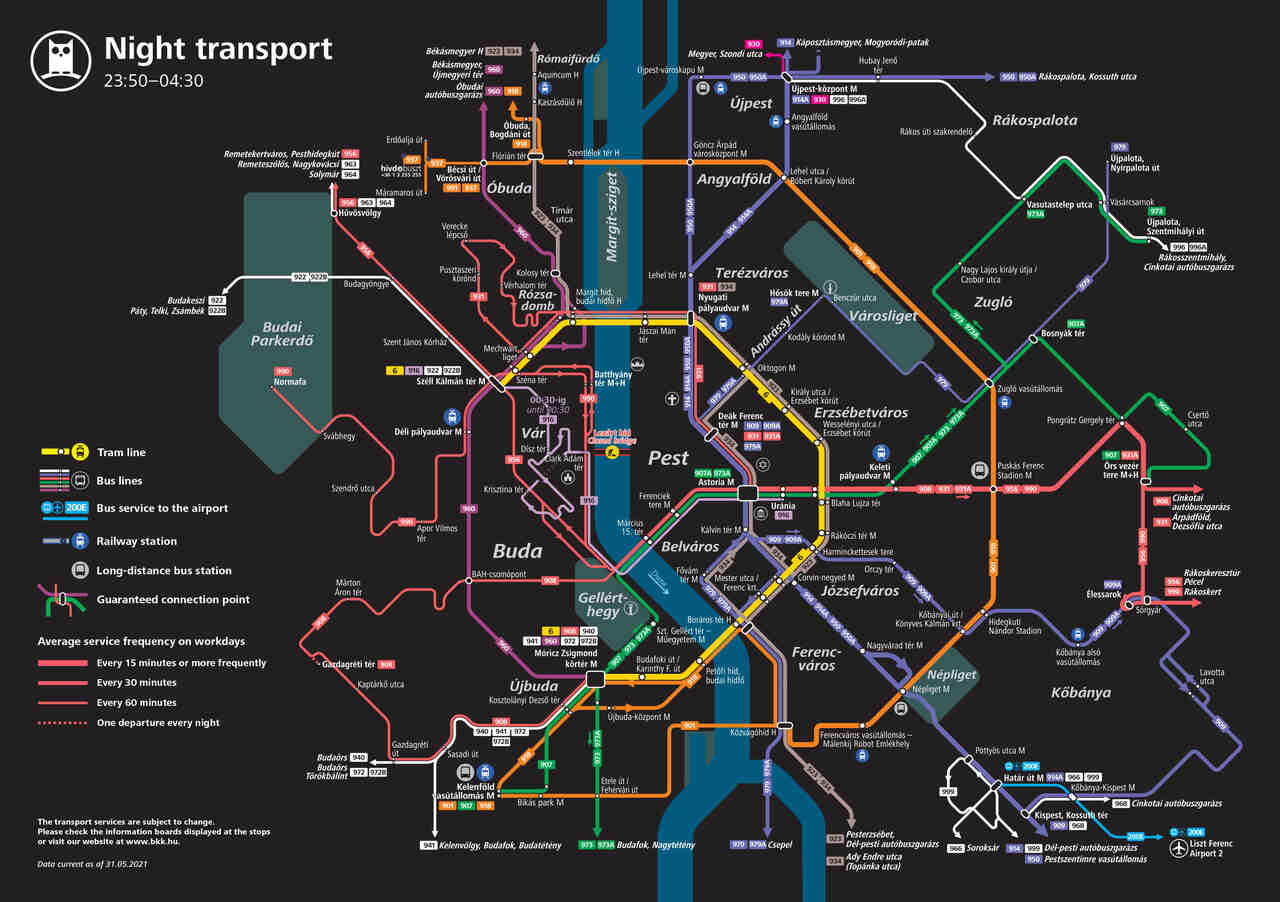 Budapest night public transport map with bus and tram routes running between 23:50 and 04:30.