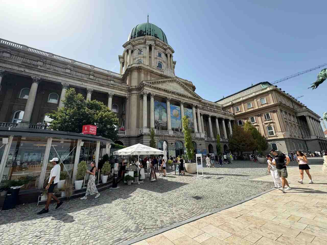 Hungarian National Gallery at Buda Castle with visitors walking through the main courtyard