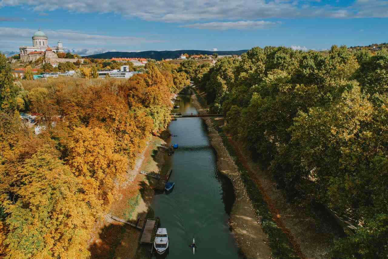 View of the Danube River with Esztergom Basilica visible in the distance, highlighting one of Hungary’s most important religious landmarks.