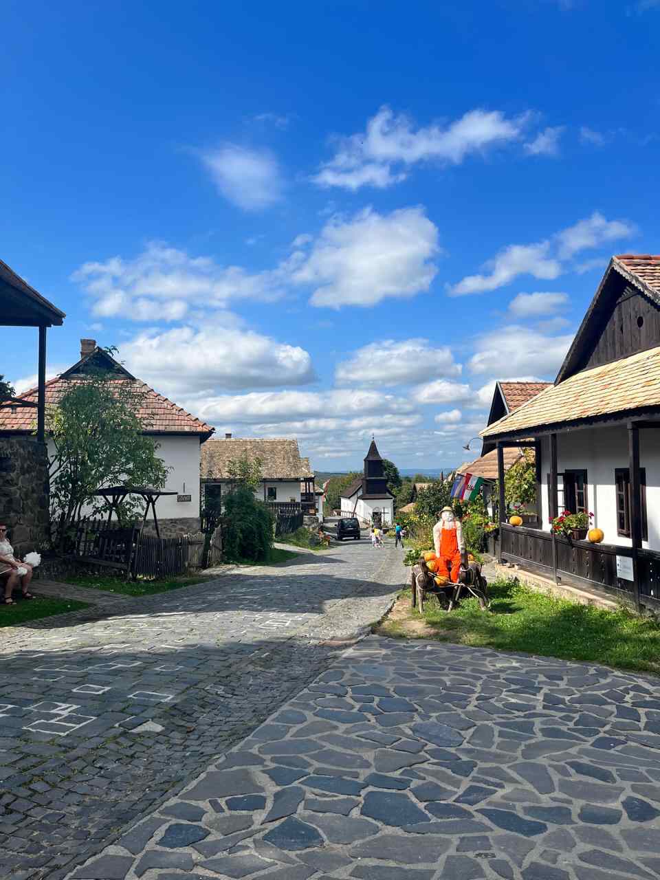 Traditional houses along a cobblestone street in Hollókő, showcasing rural Hungarian architecture and local traditions.