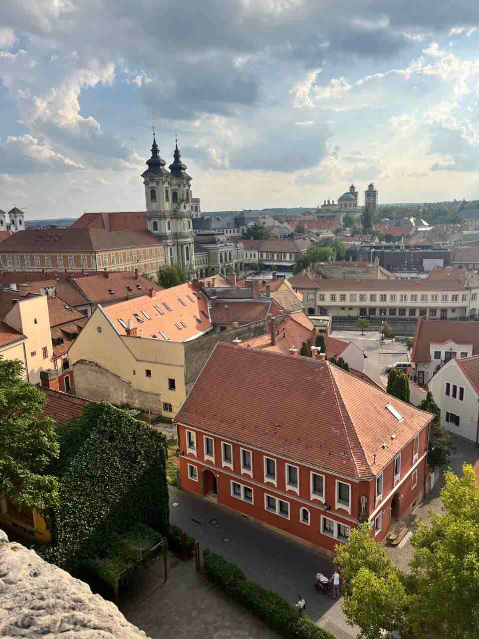 Aerial view of Eger’s historic center with baroque buildings and church towers, representing a cultural and historic day trip from Budapest.