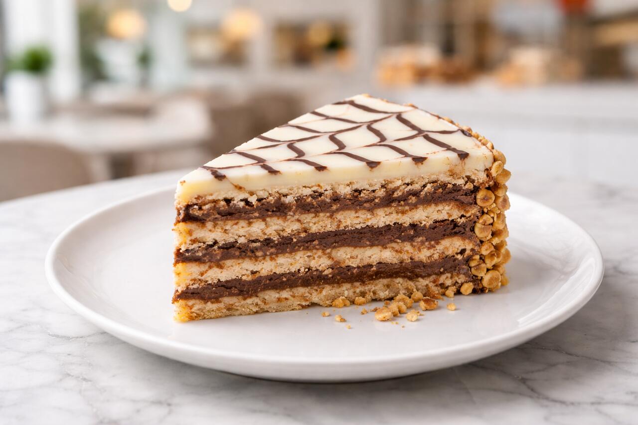 Slice of traditional Hungarian Esterházy torte with walnut layers and patterned icing, served on a white plate in a modern café