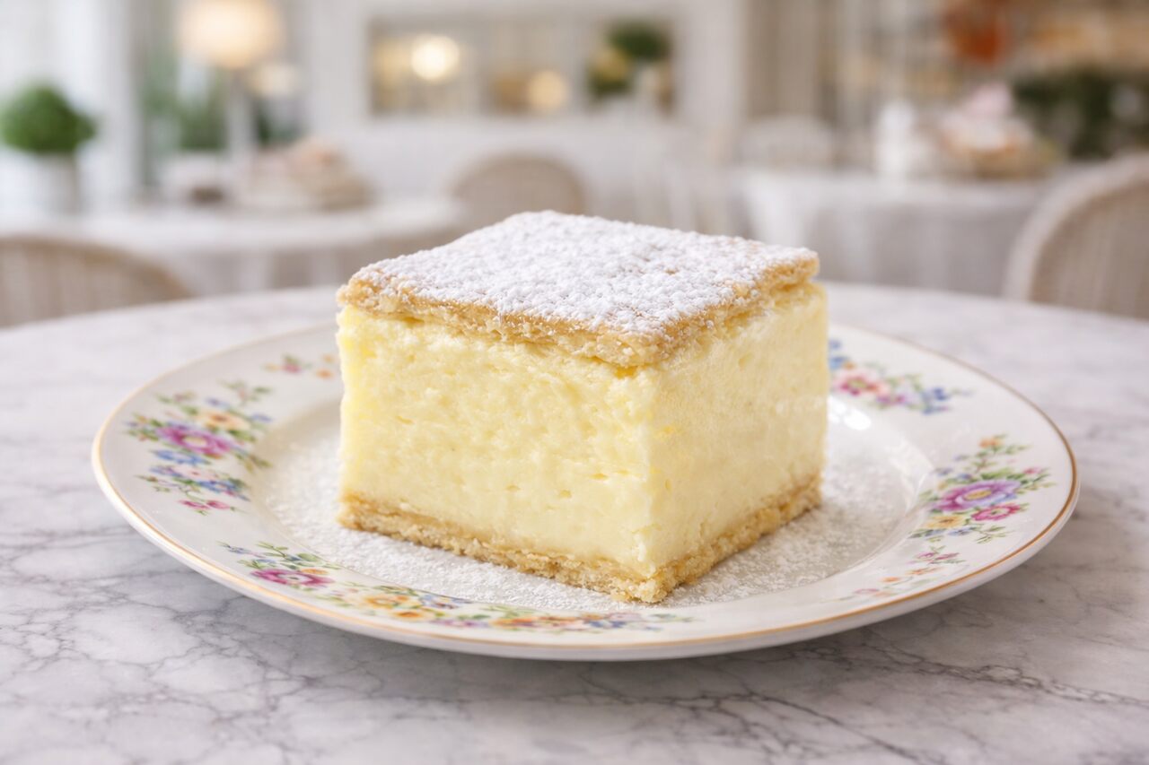 Classic Hungarian krémes custard slice with flaky puff pastry layers and powdered sugar, served on a floral plate in a café
