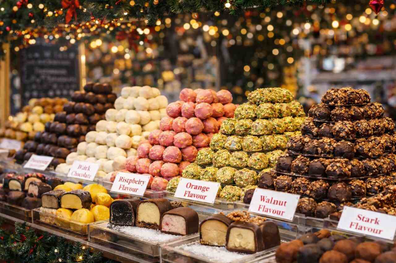 Hungarian marzipan sweets in different flavors displayed at a Christmas market stall, with festive lights in the background